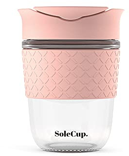 SoleCup. - Reusable Strengthened Glass Travel Cup - Spill Proof Coffee Mug - 12oz/340ml BPA-Free Hot Drink Travel Mug with Lid & Silicone Band (Pink, 12oz / 340ml)