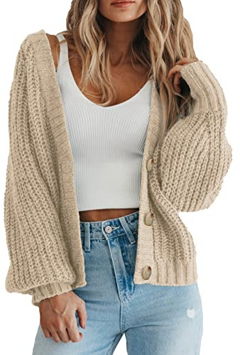 PRETTYGARDEN Women's Chunky Knit Open Front Sweater Long Sleeve Button Loose Short Cardigan Outerwear Coats (Apricot,Large)