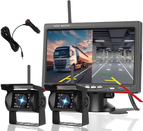 Hikity 1080P Kabellos Dual Rückfahrkamera 7'' IPS Monitor Set für RV Truck | BSD Nachtsicht Rückfahrkamera P68 Wasserdichte Funk Kamera für RV Truck Bus PKW LKW-Wohnmobile 12V-36V