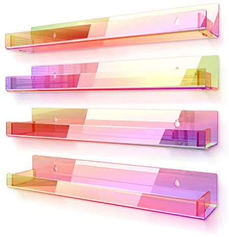RORKIM 4 Pack 15 Inch Iridescent Acrylic Shelves, Clear Rainbow Floating Shelves for Wall, Modern Sunglasses Essential Oil Picture Ledge Display Toy Storage Wall Shelf