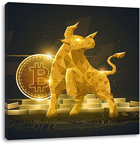 Pixxprint Bitcoin BTC mit goldenem Stier, Größe: 70x70 cm, Leinwandbild Quadratisch, Wandbild, Kunstdruck, fertig bespannt