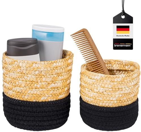 bremermann Aufbewahrungskörbe 2er Set, Baumwolle/Strohgeflecht Ø 12,5 und Ø 14,5 cm (Schwarz)