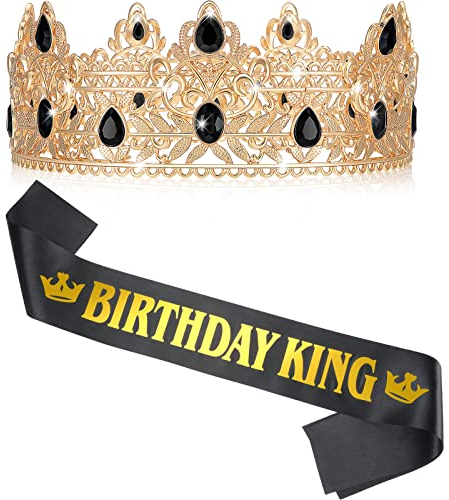 Eowppue Corona de Cumpleaños para Hombres y Corona de Cumpleaños de Rey y Fajín de Cumpleaños de Rey Decoración de Fiesta de Baile