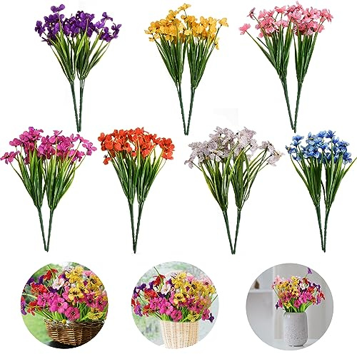 Künstliche Blumen Balkon, 14 Stück Plastik Blumenstrauß Blumen, Kunstblumen Wie Echt für Draußen, 7 Farben Kunstpflanzen Außen, Unechte Blumen Sträucher für Zuhause Garten Büro Fenster Hochzeit Party
