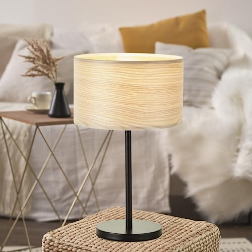 Lightbox Nature Nachttischlampe mit Holz Schirm - Ø 25 cm - 41 cm Höhe - dekorative Tischleuchte mit Kippschalter - E27 Fassung, max. 52 W - aus Metall/Holz - in Hellbraun/Schwarz