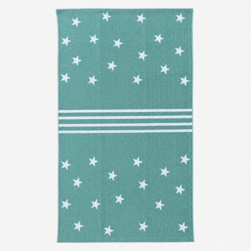 MIJOMA Webteppich aus 100% Baumwolle – mit Sternenmotiv, 120x70cm, Handgefertigt in Indien – Stilvolles und modernes Accessoire für den Wohnbereich – Qualität aus natürlichen Materialien, Grün