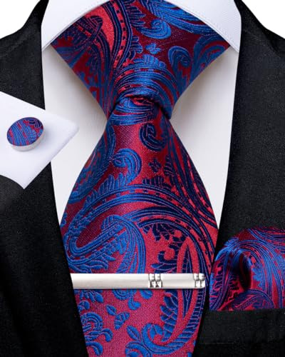 DiBanGu Herren-Krawatten-Set, einfarbig, Krawatte und Einstecktuch, Manschettenknöpfe, formelle Hochzeit, Business, Rot Blau 8327, Einheitsgröße