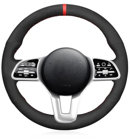 Passend für Mercedes-Benz B-Klasse (W247) 2019–2023, handgenähte Lenkradhülle, schwarzes Wildleder, Anti-Rutsch-Lenkradbezug