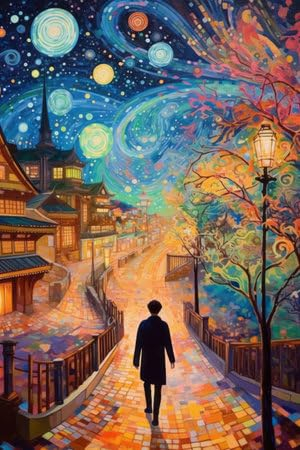 adrium Holz-Bild 40 x 60 cm: Illustration einer wunderschönen Stadt bei Nacht im Mosaik-Farbstil, erstellt mit generativer KI-Technologie. (209944008)