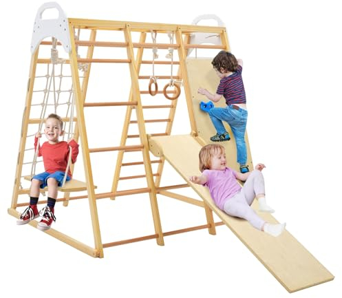 LIFEZEAL 8 in 1 Kletterdreieck Set Indoor, Klettergerüst mit Rutsche aus Holz, Kletternetz & Kletterleiter & Turnringe & Schaukel & Kletterfelsen, Kinderspielplatz Kletterspielzeug ab 3 Jahre (Natur)