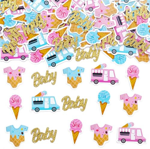 JOYMEMO 200 Pieces What's The Scoop Confetti Pink and Blue - Ice Cream Theme Boy or Girl Gender Reveal Decorations, Double Sided Printing Paper Confetti Scatter Table Decor for Pregnancy Baby Shower