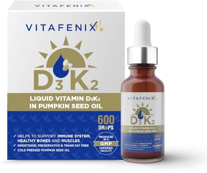 Vitafenix Vitamin D3 1000iu + K2 Mk7 11,25ug - Vitamin D3K2 Drops with Pumpkin Seed Oil (Cold Pressed) for Bladder, Prostate - 30 ml 600 Drops High Strength Vegan Formula