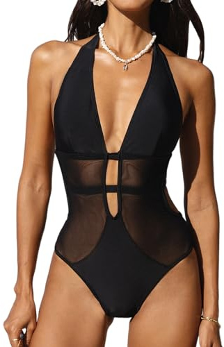 CUPSHE Costume da Bagno intero da Donna, Scollo Profondo a V, Halter con Fiocco, Costume da Mare in Mesh, Nero , L