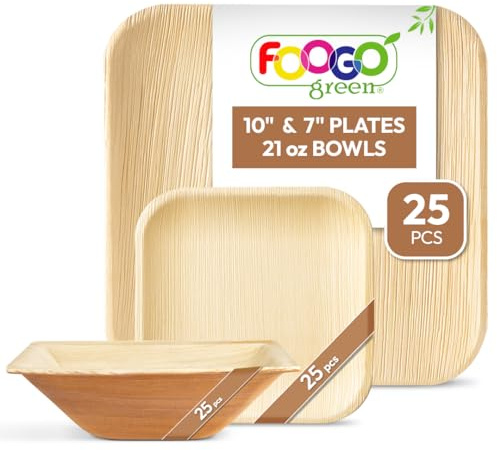 FOOGO Green 75pcs Palm Leaf Plates and Bowls, Square
