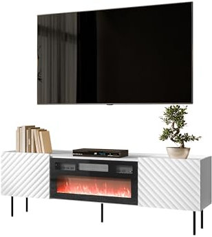 Mirjan24 TV-Lowboard Likade 180 2D mit Elektrischem Kamin mit Heizung, Realistische LED-Flamme, 2 Türen, gefräster Front, Ohne Griffe, Metallfüße, Fernsehschrank (Weiß)