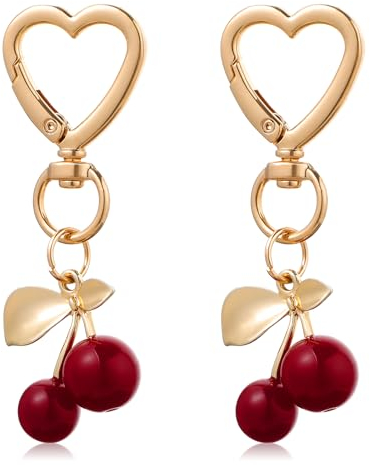 Yuanchu 2 Stück Kristall Kirsche Schlüsselanhänger mit Herz-Ring - Ästhetischer Obst Taschenanhänger für Geldbörse, Rucksack und Auto