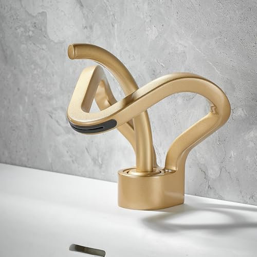 MocArt HT8010 Kreativer Wasserfall Wasserhahn, Badezimmer Waschtisch Kupfer Wasserhahn, Hotel Waschbecken Mischbatterie, Kronenform, Keramik Ventilkern, Wassersparendes Design (Mattes Gold)