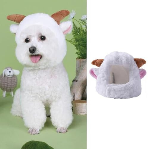 MANON ROSA Plush Cat Hat with Cartoon Ears - Adjustable Cute Headgear for Cats & Small Dogs, Perfect Costume Accessory for Pet Parties Birthdays Halloween Photoshoots (Medium,Little Lamb)