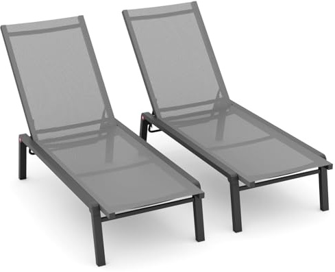 FHVIT Patio Chaise Lounge Set of 2 with 5 Adjustable Backrest, Foldable Aluminum Chaise Lounge Chair Recliner for Outdoor, Poolside, Sun Tanning Grey
