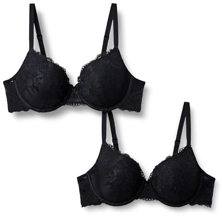 Amazon Essentials Reggiseno Imbottito con Ferretto a Copertura Integrale, in Morbido Pizzo Elasticizzato Donna, Confezione da 2, Nero, 3C