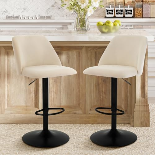 COLAMY Barhocker 2er Set, Höhenverstellbarer Barstool, 360° Drehbarer Barstuhl mit Lehne, Stoff Kücheninsel Barstühle mit Fußstütze, Rutschfestes Metallfuß, Geeignet für Küche, Bar, Esszimmer, Beige