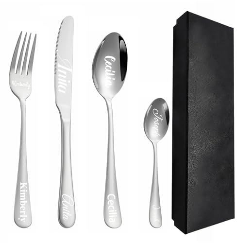Kundenspezifisches graviertes Besteck-Set, 1 Set von 4 Stück, personalisiertes Besteck für Erwachsene, Gabel, Messer, Löffel und Teelöffel graviertes Edelstahl-Besteck-Set (Silber)