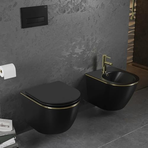 MEXEN Lena Golden | WC-Schüssel Randlos mit Dichtungsmatte GRATIS für Toilette | Slim Sitz und Absenk-Automatik, duroplast (Schwarz matt/gold linien)