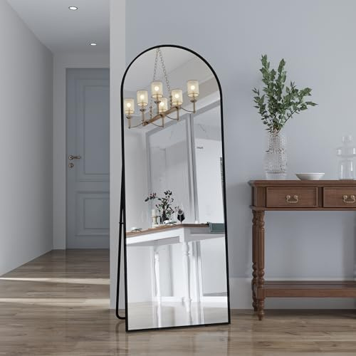 TIMORWTF Specchio su piedistallo 162x53 cm, telaio in lega alluminio, grande specchio da pavimento, per camera da letto e soggiorno, vetro temperato nero