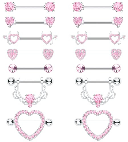 BSJ4U 7 Pairs Nipple Piercing Jewelry 14G Stainless Steel Pink Nipple Rings for Women Cute Heart Nipple Barbells