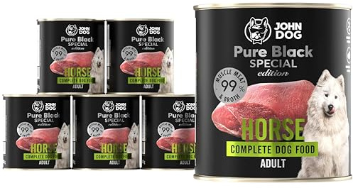 John Dog Hundefutter Pferdefleisch - Premium Getreidefreies Hundenassfutter mit 99% Fleisch - Monoprotein Nassfutter für ausgewachsene Hunde - Pure Black Special Edition 6 x 800g