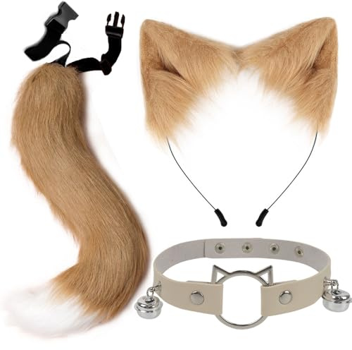 ZDQC Kunstpelz Fuchsschwanz,Katze Flauschiger Schwanz und Leder Halskette Set,Flauschige Katzenohren,Flauschige Fuchs Accessoire,Halloween Party Cosplay Kostüm Accessoire (Kaki)