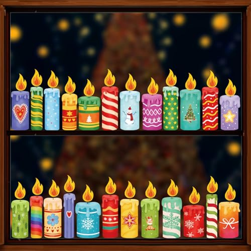 BETESSIN Fensterbilder Weihnachten Selbstklebend - 9 Bögen Statisch Haftende Fensteraufkleber mit 24 Adventskerzen & Flammen - Weihnachtsdeko Fenster - Fensterdeko für Winter, Advents, Weihnachten