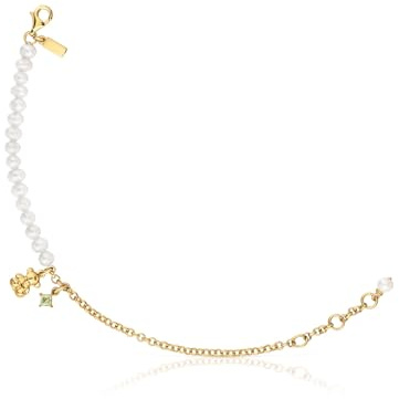 TOUS Pulsera Caden para Mujer con Motivo de Oso con Baño de Oro 18kt sobre Plata de Primera Ley, Perlas Cultivadas y Peridoto, Colección Bold Bear