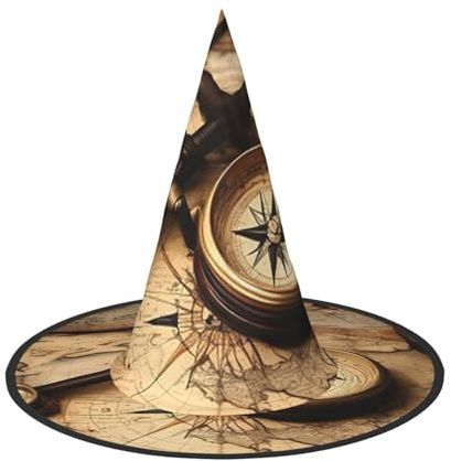Lot de 2 chapeaux de sorcière d'Halloween avec boussole et carte du monde - Chapeau de sorcière flottant pour homme et femme - Accessoires de costume d'intérieur et d'extérieur - Décorations