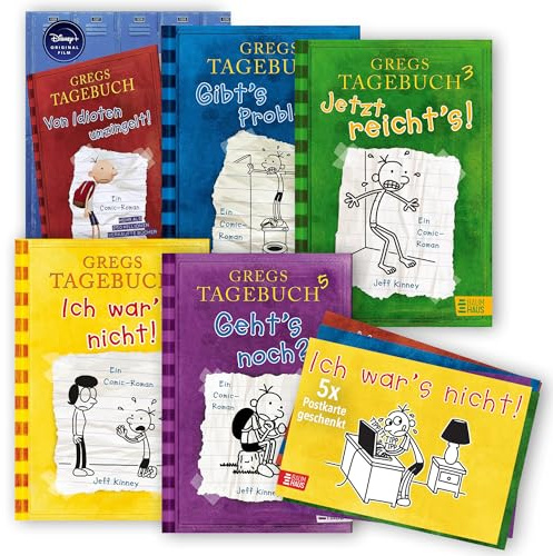 Jeff Kinney Bücherset – Gregs Tagebuch Band 1-5 – Von Idioten umzingelt, Gibt’s Probleme?, Jetzt reicht’s!, Ich war’s nicht! und Geht’s noch? – Kinderbuch Bestseller mit je einer exklusiven Postkarte