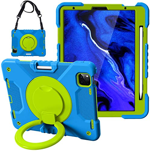 Tablettskydd Tablet Väska till iPad 2020 AIR4 10.9 / PRO 11, Barn slitstarkt stötskyddat skyddskåpa, med vikningshandtag, roterande kickstand, bär axelrem(Blue+grass green)