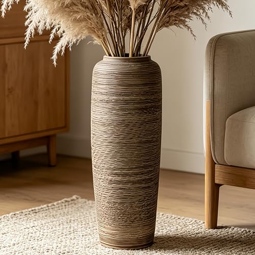 JIDOFUE Vintage Keramik Braune Bodenvase, 50 cm, Rustikaler Boho Stil für Pampasgras, Blumen oder Dekor, Perfekt für Wohnzimmer, Eingang oder Tisch
