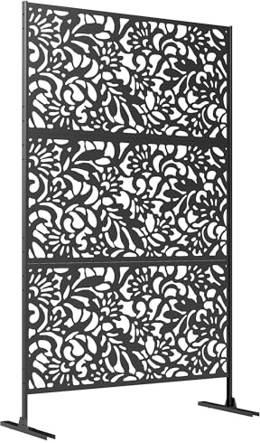 Outsunny Panneau Brise Vue décoratif Extérieur Claustra Décoratif Jardin 3 Panneaux à Motif Floral paravent extérieur avec Support en Acier galvanisé 122 x 45 x 198 cm, Noir