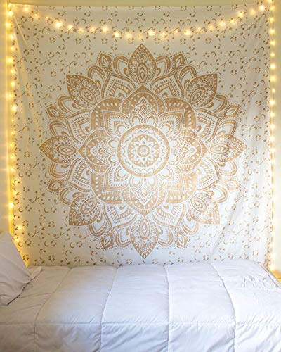 Golden Hippie Mandala Bohemian Taepstry Wandbehang – Passion Ombre indische Metallische Wandkunst, Hippie Wand Schlafsaal Schlafzimmer Dekor Bettwäsche Tagesdecke 215 x 230 cm