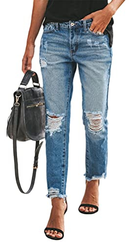 ORANDESIGNE Jeans Déchirés Femmes Taille Basse Jeans Pantalons Loisirs Leggings Minces Pantalon Droit Stretch Skinny Jeans Bootcut Denim Pantalon Crayon F Bleu XL