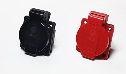 HOLZER 8 Stück/Einbausteckdose Schuko Anbau Steckdose 16A Feuchtraum / PA6 / + Flansch Dichtung (4xSchwarz / 4xRot)