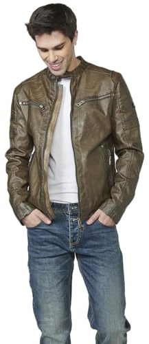 Koroshi Chaqueta cazadora cuero sintético, efecto piel de manga larga con bolsillos hombre, de color marron/brown, Talla S