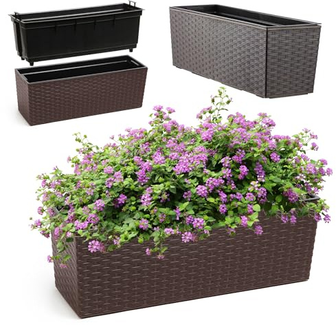 KADAX Jardinera de plástico, 18,5 x 56 cm, jardinera con inserto, resistente a la intemperie, jardinera rectangular para exteriores, diseño de ratán, color marrón