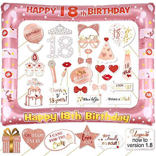 18 Geubrtstag Fotobox Accessoires 35 Stück Foto Requisiten und 1 Stück Aufblasbarer Fotorahmen Deko 18. Geburtstag Mädchen Geburtstagsdeko Rosegold Fotorequisiten