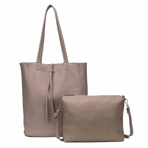 ITALYSHOP24 Damen Tasche Set 2in1 Shopper Handtasche Crossbody Hobo Bag Schultertasche Umhängetasche Metallic Cross-Over DIN-A4 Taupe