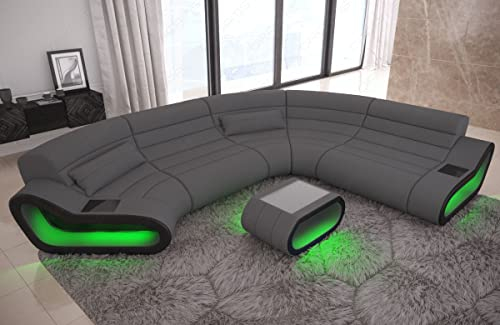 Sofa Wohnlandschaft Concept C Form - mit LED Beleuchtung, verstellbare Kopfstützen, Ottomane/Mikrofaser/Ausrichtung wählbar (Ottomane rechts, Schwarz-Grau)
