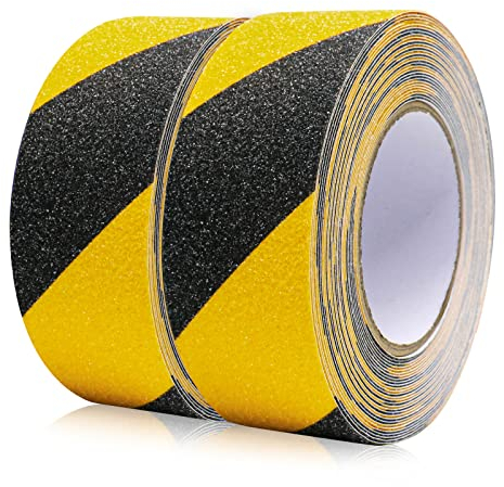 Cinta Adhesiva Antideslizante 2 Rolls de 10 m x 50 mm, Alta Tracción Fuerte Apretón Abrasivo, Cinta Antideslizante Seguridad para Exteriores y Interiores,BOMEI PACK (negro amarillo)