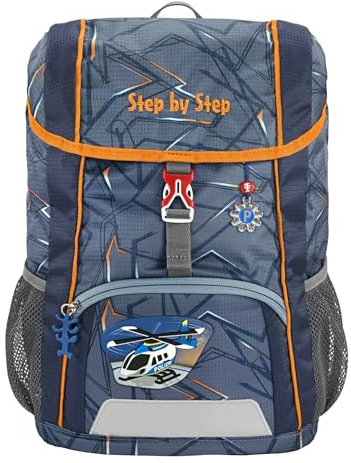 Step by Step Rucksack-Set Kid „Helicopter Sam“, mit Sitzkissen, ergonomischer Mini-Ranzen mit abnehmbarem Brustgurt, für Kindergarten, Vorschule und Freizeit, 13 l, grau-orange