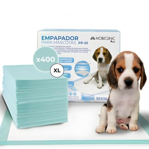 Mobiclinic® Pets, Pack 400, Empapadores Perros, XL, 56x56 cm, 6 Capas, Ultraabsorbente, Marca española, Alfombrilla higiénica, Cachorros, Desechables, Adiestramiento para Mascotas, Gatos