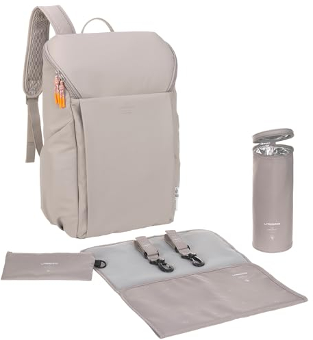 LÄSSIG Baby Wickelrucksack mit Wickelunterlage, Kinderwagenbefestigung und Flaschenhalter/GRE Slender Up Backpack taupe
